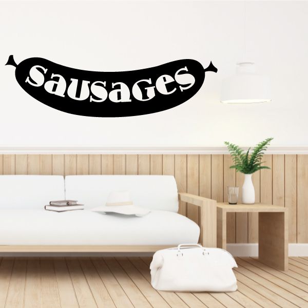 Vinyl wall decal with black cursive “Sausages” lettering