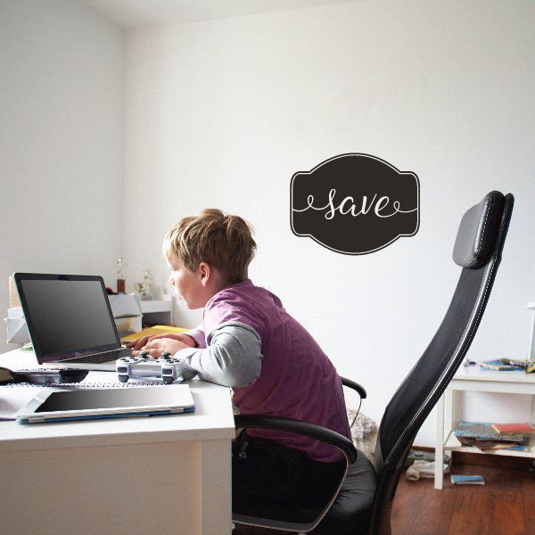 Black cursive "save" wall decal in a rounded speech bubble shape