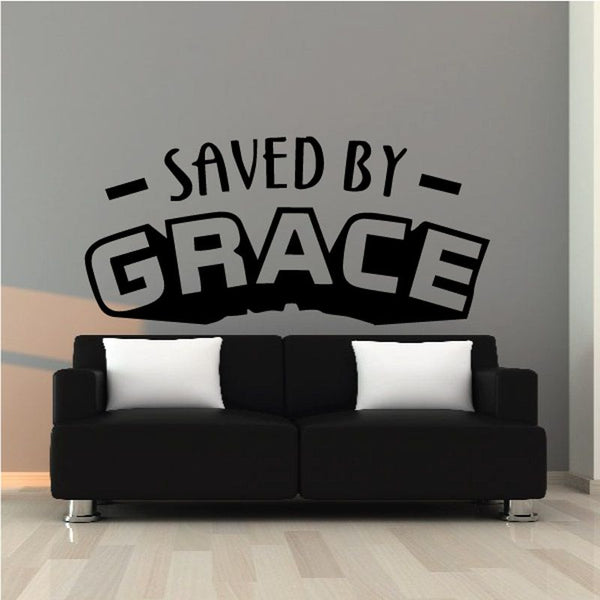 Vinyl wall decal with 'Saved by Grace' typographic text