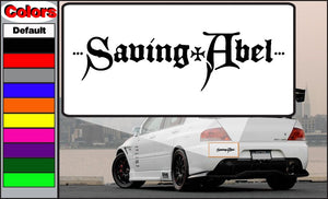 Vehicle decal with black 'Saving Abel' lettering