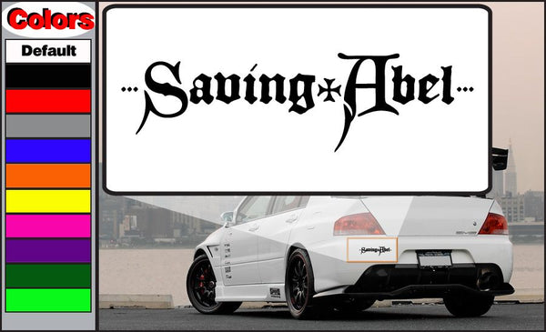 Vehicle decal with black 'Saving Abel' lettering