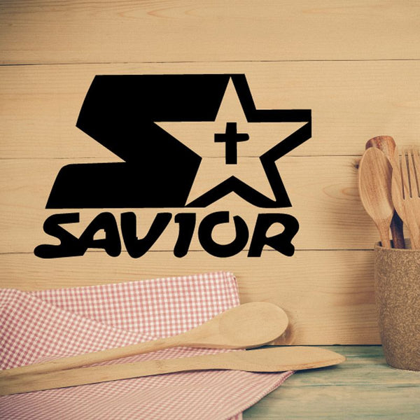 Savior star decal with black arrow shape, white star and cross, and Savior lettering