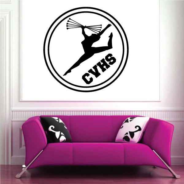 Round marching band baton decal with dancer and 'CVHS' text.