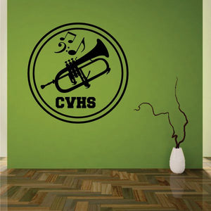 Round marching band brass decal with trumpet, tuba, and cymbal icons, CYHS letters.