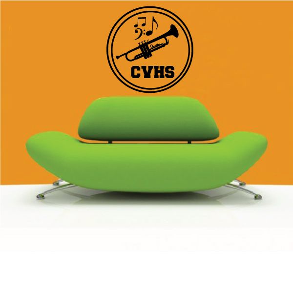 School marching band decal with music notes and trumpet, CYHS logo