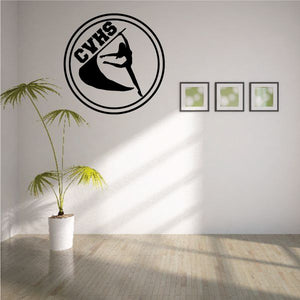 Circular marching band flag waving decal with black-and-white figure and GYHS lettering