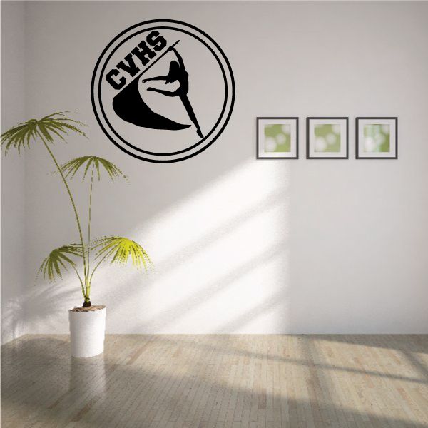 Circular marching band flag waving decal with black-and-white figure and GYHS lettering
