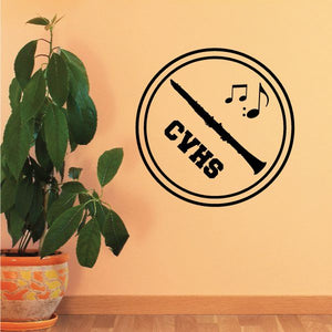 Round CVHS flute decal with black flute and music notes inside a circle