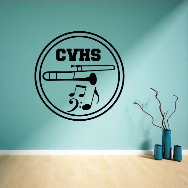 Round CVHS marching band horn decal with trumpet and music note symbols