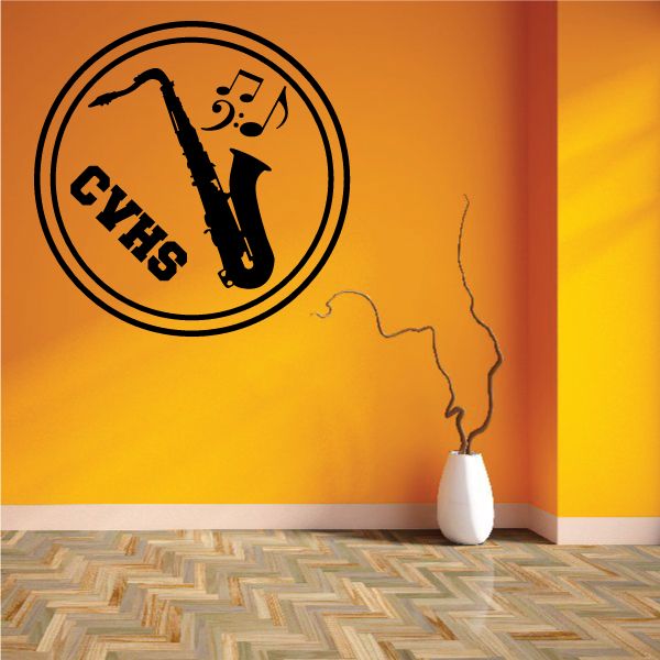 Black circular school marching sax decal with musical note icon and school lettering