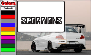 Scorpions decal with black stylized logo letters on white background