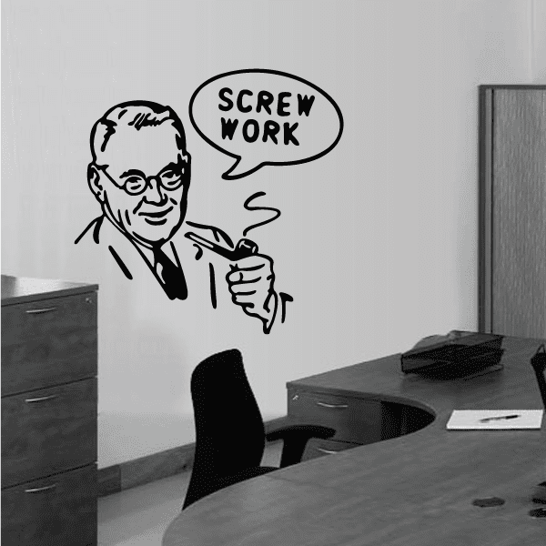 Screw work wall decal with illustrated man and speech bubble design, black