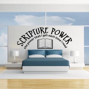 Wall decal with Scripture Powers text and open book icon, black on light background