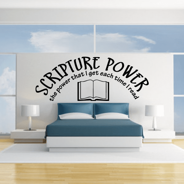 Wall decal with Scripture Powers text and open book icon, black on light background