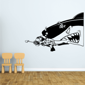 Shark wall decal with spear-diver and bubbles, black-and-white illustration