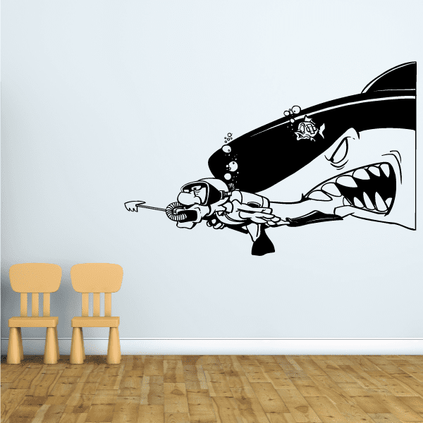 Shark wall decal with spear-diver and bubbles, black-and-white illustration