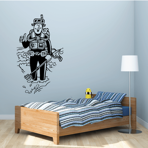 Scuba diving spear fisherman decal with diver holding spear and fish in black line art