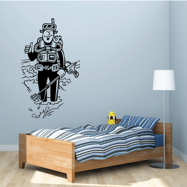 Scuba diving spear fisherman decal with diver holding spear and fish in black line art