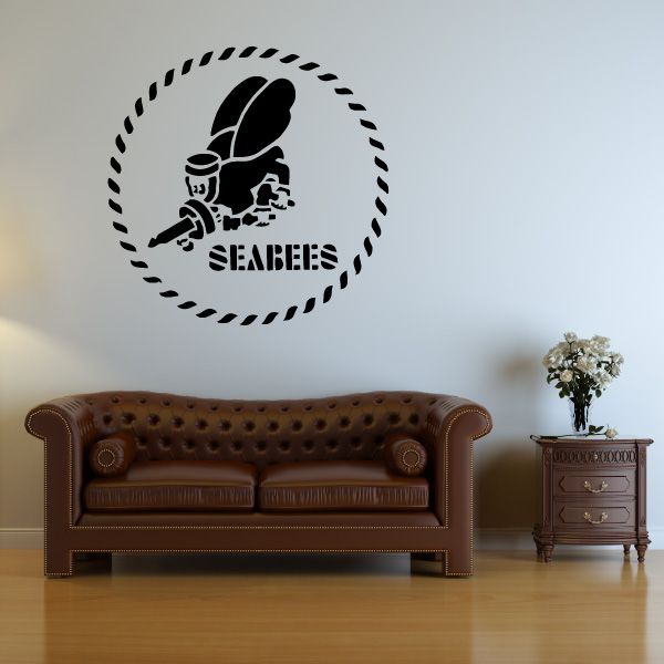 Circular black car decal with Seabees logo—anchor and diver inside a dashed ring