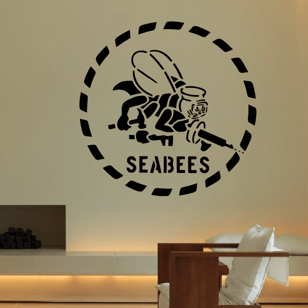 Round black Seabees insignia decal with dashed border and soldier emblem