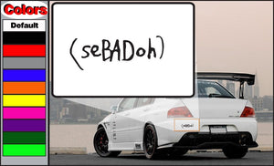 Sebadoh decal with hand-drawn seBADoh text in black on white rectangle