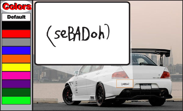 Sebadoh decal with hand-drawn seBADoh text in black on white rectangle