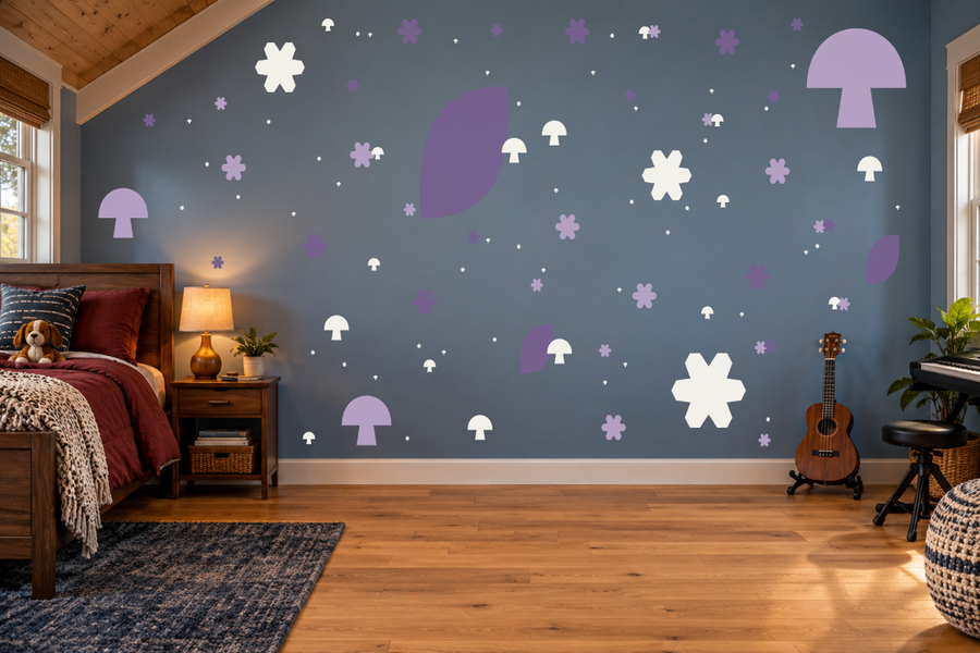 Garden wall decal pattern featuring purple mushrooms, white flowers, and star accents