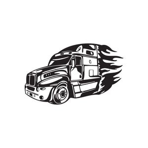 Semi truck vinyl wall decal with white truck and flame design, bold black outline