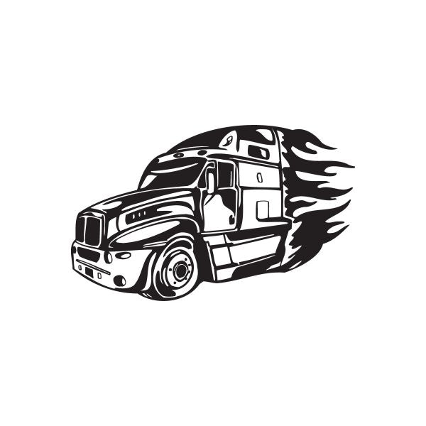 Semi truck vinyl wall decal with white truck and flame design, bold black outline