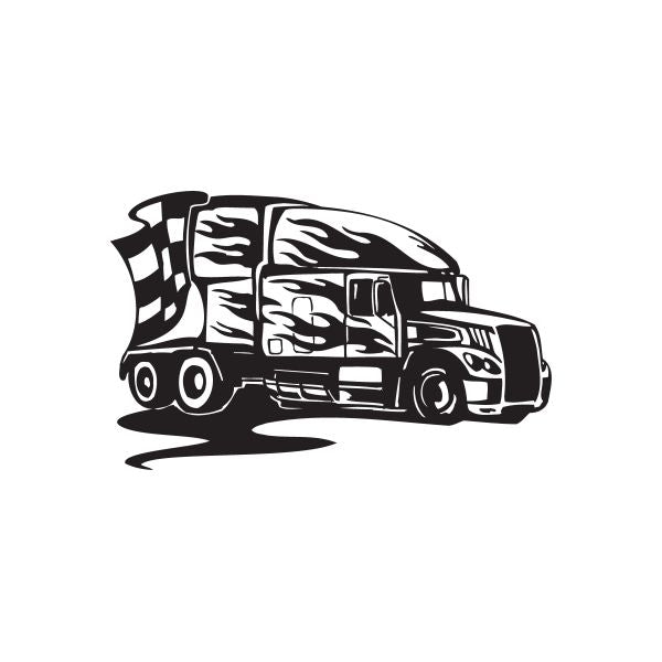 Semi truck wall decal vinyl with black illustrated semi truck design and wheels