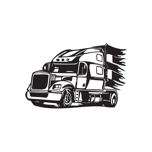 Semi truck vinyl wall decal, black and white truck with wind lines