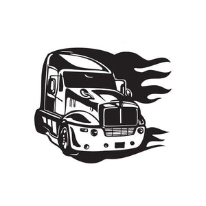 Black semi truck vinyl wall decal with flames, front view