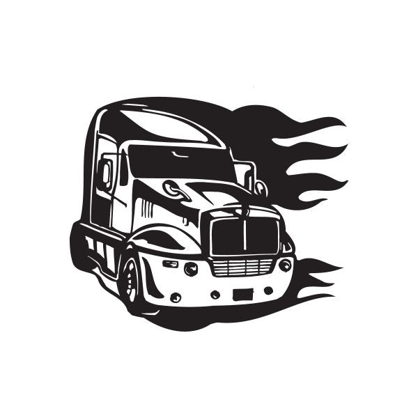 Black semi truck vinyl wall decal with flames, front view