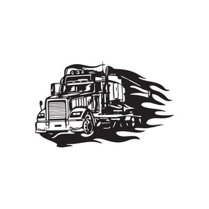Semi truck vinyl wall decal, black truck with flame-style trail silhouette