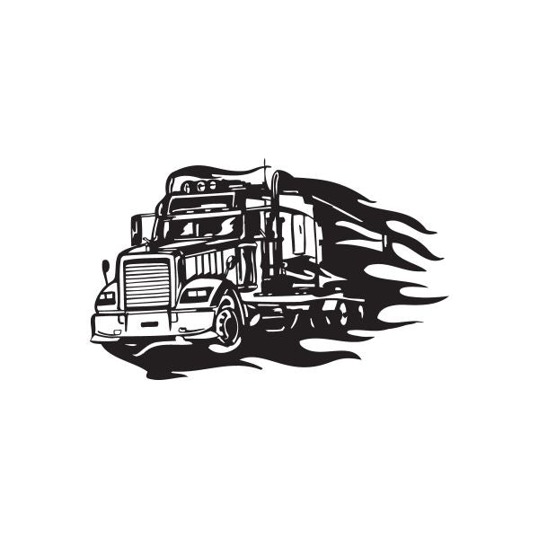 Semi truck vinyl wall decal, black truck with flame-style trail silhouette