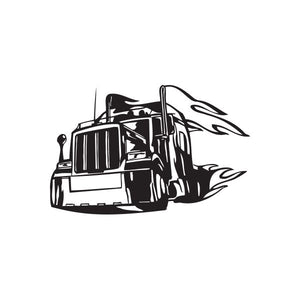 Semi truck wall decal: black truck silhouette with stylized flames