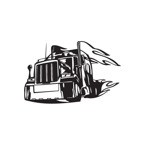 Semi truck wall decal: black truck silhouette with stylized flames