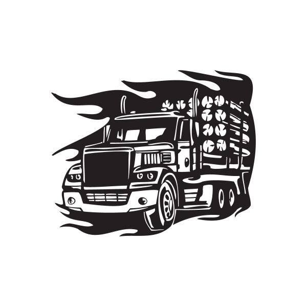 Semi truck wall decal, black vinyl silhouette of a semi truck with flames