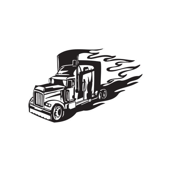Semi truck vinyl wall decal: black semi with flame trail