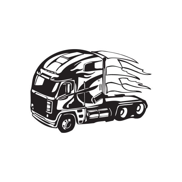 Semi truck vinyl decal, black and white truck silhouette with trailer