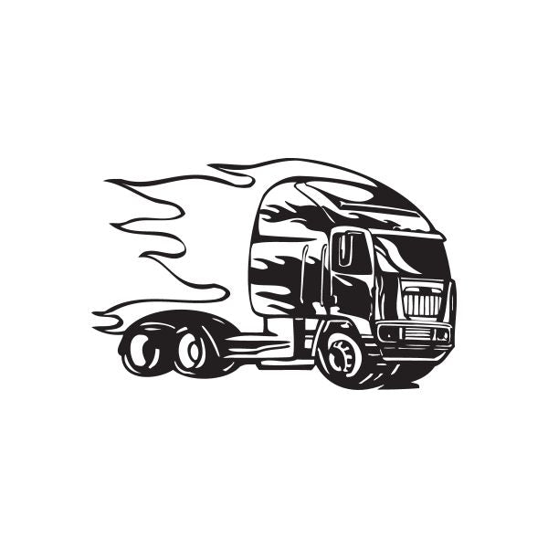 Vinyl semi truck wall decal with flame trail and truck outline