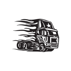 Semi truck wall decal, black truck with star and flame stripes