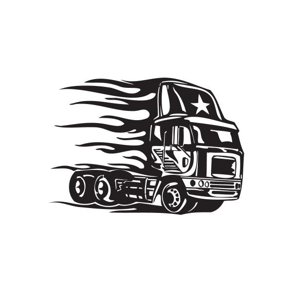 Semi truck wall decal, black truck with star and flame stripes
