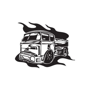 Black semi truck vinyl wall decal with flames and detailed cab linework