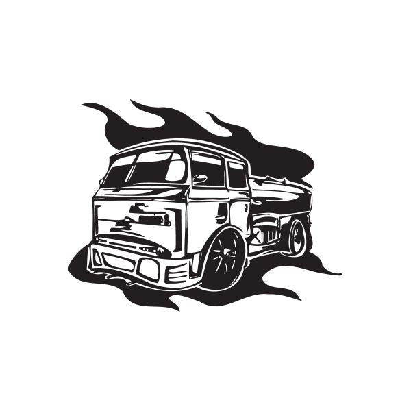 Black semi truck vinyl wall decal with flames and detailed cab linework