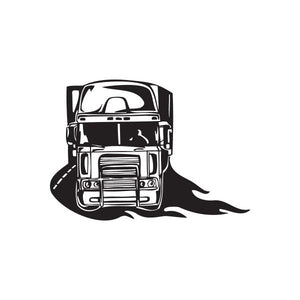 Vinyl semi truck wall decal, black stylized front truck with road trail lines