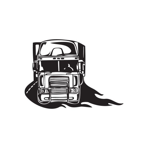 Vinyl semi truck wall decal, black stylized front truck with road trail lines