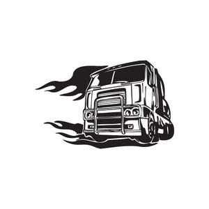 Semi truck wall decal: black semi with flame trail, vinyl style graphic