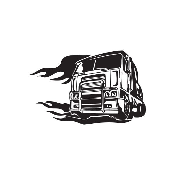 Semi truck wall decal: black semi with flame trail, vinyl style graphic