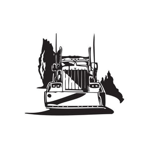 Black semi truck wall vinyl decal, detailed cab and trailer silhouette
